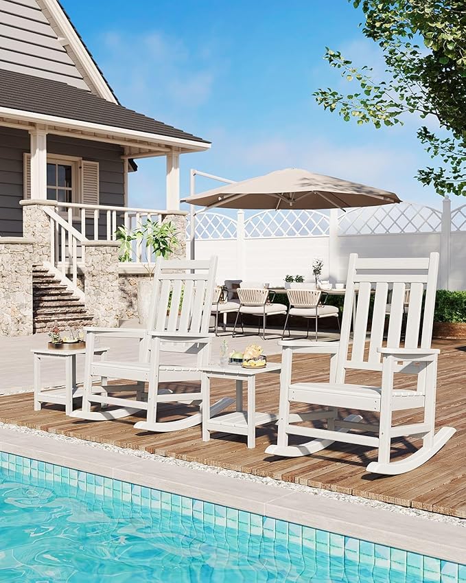 HDPE Rocking Chair Outdoor Set of 4 with 2 Side Table - Poly High Back Porch Rocker Chairs for Adults - All Weather Resistant Furniture for Patio Front Porch - White