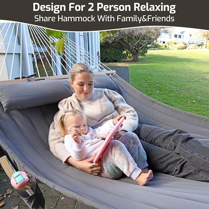 Double Quilted Fabric Hammock with Hardwood Spreader Bars and Pillow 450 LBS Capacity 2 Person Large Hammock for Outdoor Patio Backyard Poolside - Brown