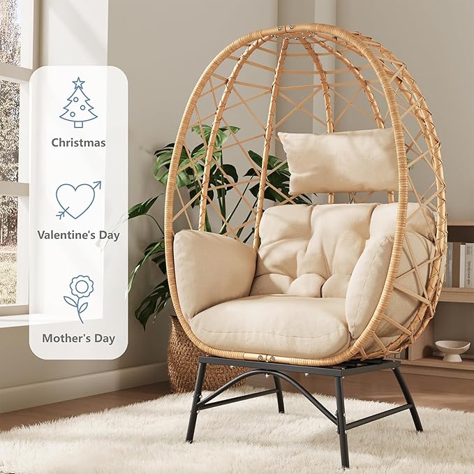 SWITTE Wicker Egg Chair Outdoor, Oversized Patio Lounge Chairs with Cushion for Indoor Living Room, Bedroom, Outside Backyard Balcony-Beige