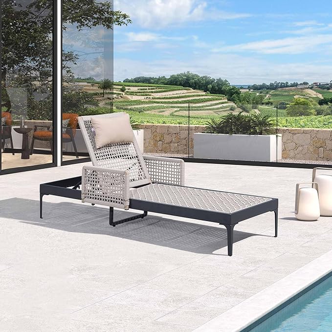 PURPLE LEAF 1 Piece Outdoor Chaise Lounge Rattan Wicker Lounger with Arms Poolside Furniture Adjustable Recliner Patio Lounge Chair for Beach Yard Garden Balcony, Dark Grey