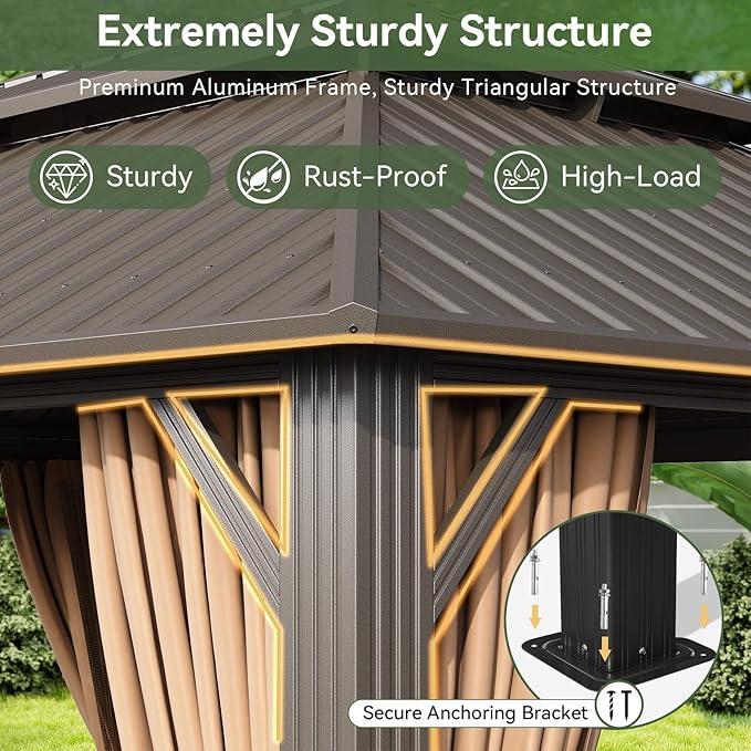 Aoxun 12x16FT Gazebo Outdoor Hardtop Pergolas with Mosquito Netting and Curtains Large Gazebo with Galvanized Steel Double Roof for Gardens, Decks, Patios, Parties (Brown)