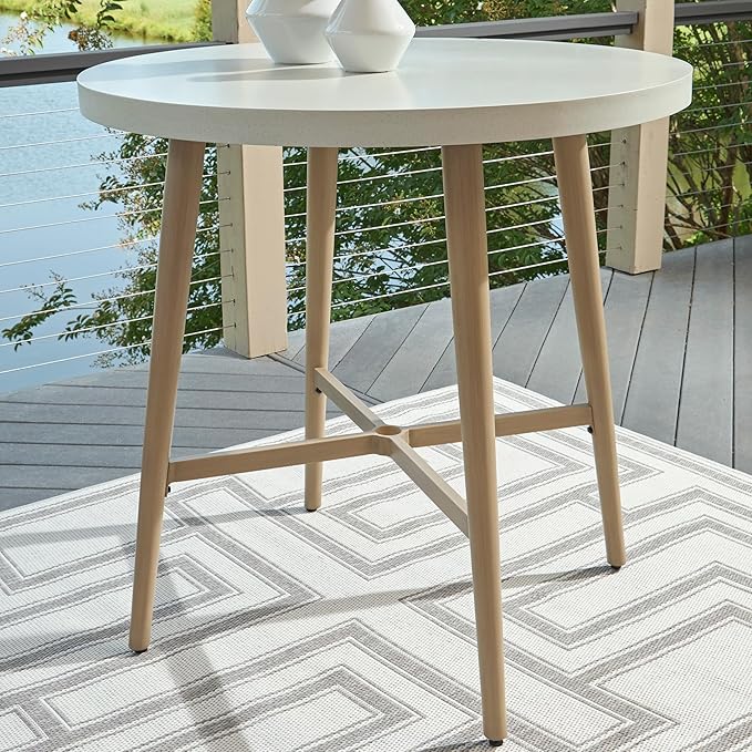 Signature Design by Ashley Seton Creek Casual Outdoor Bar Table with Umbrella Hole, Beige & White