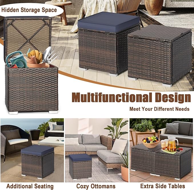 RELAX4LIFE Wicker Outdoor Storage Ottoman, 2-Piece Rattan Footstool w/Removable Cushion, Multipurpose Footrest Stool Side Table Additional Seating, Set of 2 Outdoor Ottomans for Patio Deck (Navy)