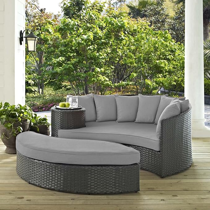 Modway Sojourn Wicker Rattan Outdoor Patio Sunbrella Fabric Daybed in Canvas Gray