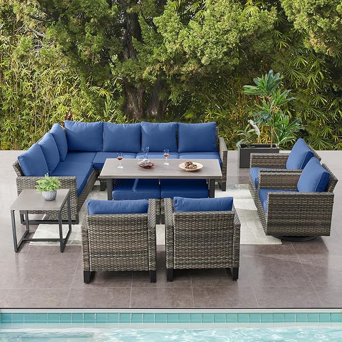 Belord Outdoor Sectional Furniture with Swivel Rocker Chair, 10 Pieces Wicker Patio Furniture Sets with Ottoman L Shaped Sofa Coffee Table Blue Cushion