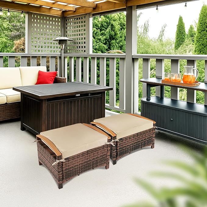 VINGLI Wicker Outdoor Ottoman Set of 2, All Weather PE Rattan Footstool for Patio w/Removable Cushions, Waterproof Rattan Foot Rest for Garden, Balcony, Poolside (Brown)