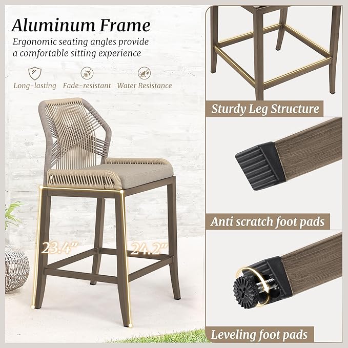 Outdoor Bar Stools, Rattan Outdoor Counter Height Bar Stools Set of 4, 26.5" H Woven Rope Patio Bar Chairs with Aluminum Legs for Kitchen, Yellowish Slate Gray