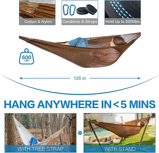 PNAEUT Handwoven Mayan Hammock, Thick Soft Rope Double Hammock for Outdoor Outside & Indoor, 600 lbs Capacity Heavy-Duty, Includes Tree Straps, Carabiners & Carrying Bag (Desert, X-Large)