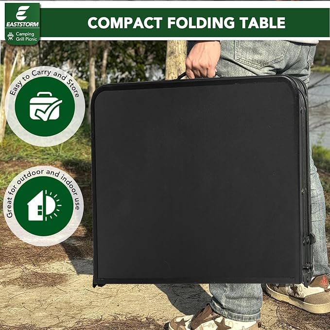 4ft Folding Table with Adjustable Height, Solid Metal Iron Top Portable Camping Table, Compact Grill Table for Outdoor Picnic, Patio, Garden, Party, Market | Great Gift for Campers, Black