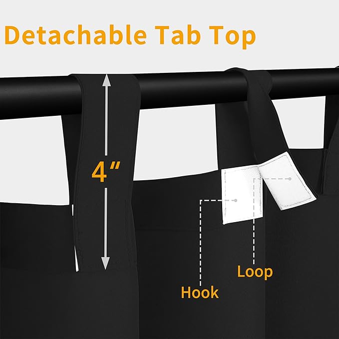 Easy-Going Outdoor Patio Curtains Detachable Tab Top Windproof Weatherproof Curtain for Cabana, Porch, Pergola and Gazebo, Tab Bottom Drape, 2 Panels, 110W x 96L inch, Black