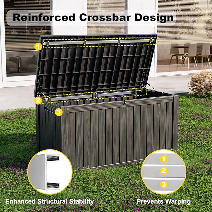 ROJIK 180 Gallon Outdoor Storage Box Waterproof-Patio Furniture Resin Deck Box, Garden Tools, Cushions, Pool Accessories Storage Bench with Lockable Lid and Side Handles (Black, 180 Gal)