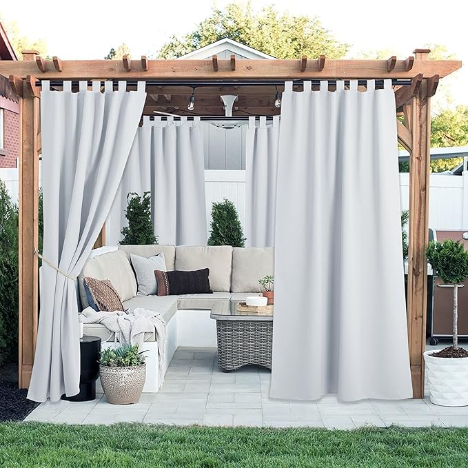 NICETOWN Outdoor Patio Curtainss Waterproof Set of 2, Thermal Insulated Sticky Top Tab Sunlight Block Balance Summer Heat & Winter Cool Weatherproof Dividers for Cabana, W52 x L95, Greyish White