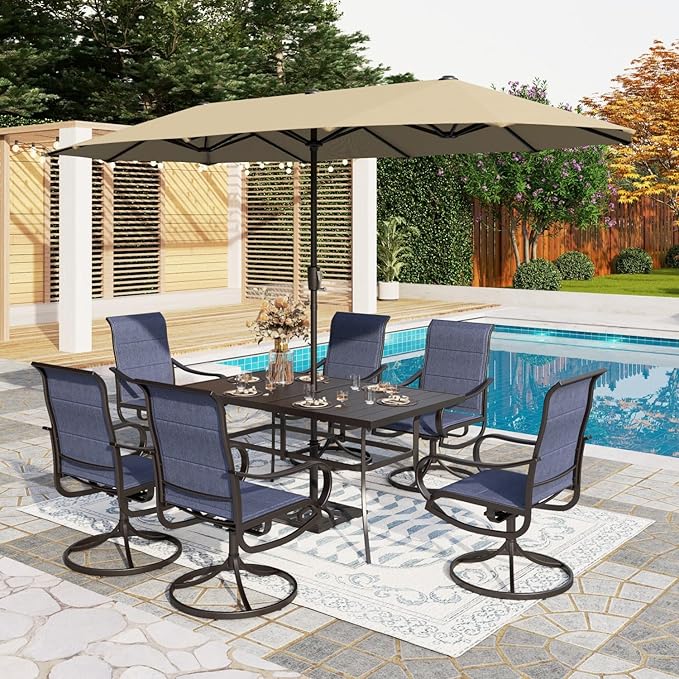 PHI VILLA 8 Piece Patio Dining Set with 13ft Patio Umbrella (Beige), 6 Outdoor Padded Swivel Dining Chairs & 1 Large Metal Dining Table with 1.57" Umbrella Hole, for Lawn Garden Backyard