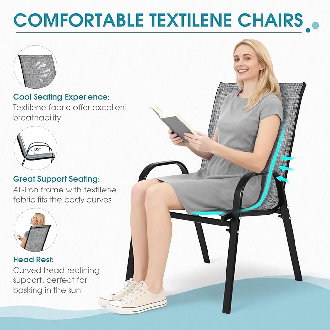Outdoor Stackable Chairs Set of 4, Stacking Patio Chairs with Textilene Fabric, Outside Furniture for Garden Backyard Balconie Poolside Deck, Grey