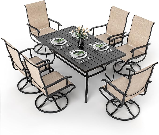 7-Piece Outdoor Dining Set, Patio Furniture Set with Textilene Swivel Chairs,Outdoor Table & 6 Chairs for Garden, Backyard, Poolside, Deck, Beige