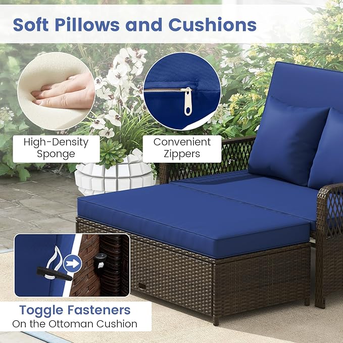 Moccha Outdoor Daybed, Rattan Loveseat Sofa with 4-Level Adjustable Back, Cushions, Storage Ottoman, Pillows, Wicker Sunbed, 2-Person Bed Lounger for Backyard Porch Pool Patio Furniture Set (Navy)
