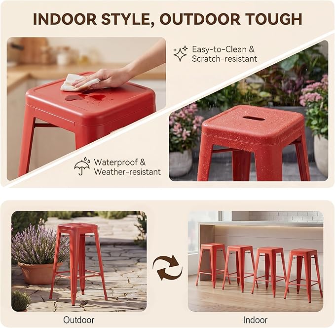 Shahoo 24 Inches Metal Bar Stools Counter Height Stackable Backless Stools, Industrial Patio Stools Indoor Outdoor Metal Kitchen Stools Set of 4 (Red, 24'')