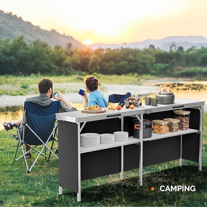 VINGLI 78" Portable Bar Table, 2-Tier Shelves, Mobile Bar Table for Events, Party, Camping, Picnic, Tradeshow, Indoor with Black Skirt