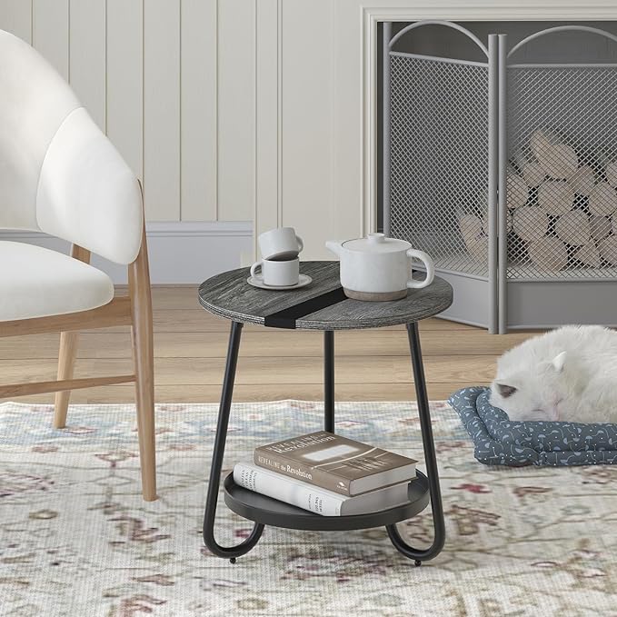 2 Tier Coffee Table in Living Room, Industrial Style Round Coffee Table with Metal Tray, Wood Small Outdoor Coffee Table for Bedroom Balcony Patio, Gray