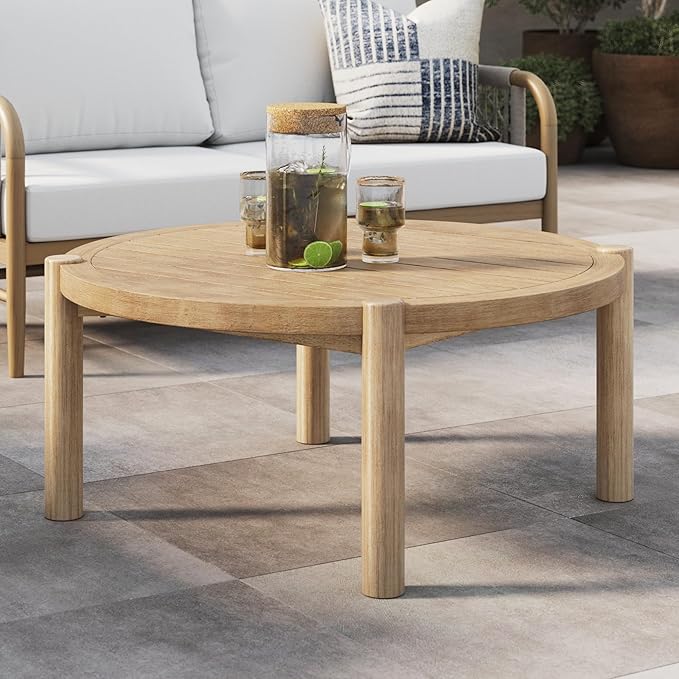 Nathan James Bora Round Outdoor Coffee Table, Farmhouse Wood Coffee Table for Patio or Porch, Solid Acacia Wood