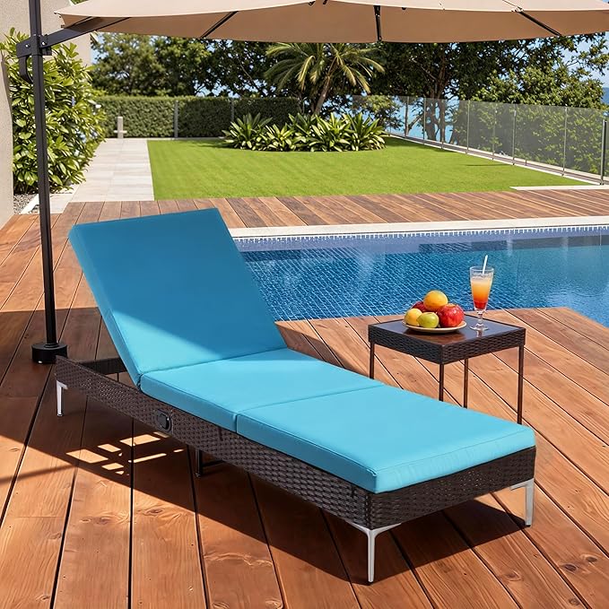 HOMREST Outdoor Lounge Chairs Set of 4, Patio Wicker Chaise Lounge with Removable Cushion, Rattan Pool Sunbathing Recliners with Adjustable Backrest (Turquoise)