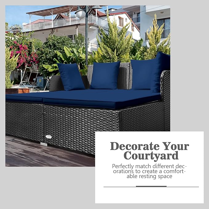 HAPPYGRILL Patio Rattan Daybed Outdoor Loveseat Sofa Set with Padded Cushion Pillows and Sturdy Aluminum Foot Wicker Patio Furniture for Garden Porch Poolside