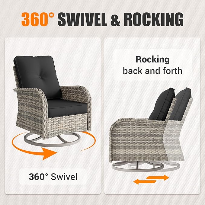 13-Piece Outdoor Patio Furniture Set with Rocking Swivel Chair, PE Wicker Rattan Sectional Sofa Patio Conversation Set with 55,000 BTU Fire Pit Table & Coffee Table, Dark Grey