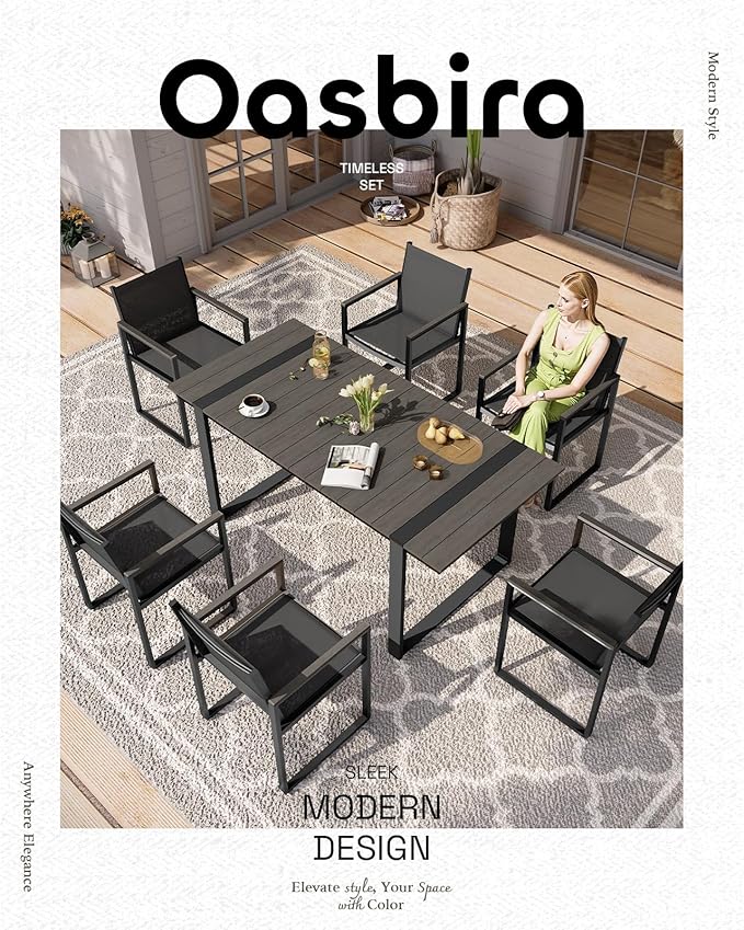 Outdoor Dining Set, HDPS + Aluminum Patio Table and Chairs Set with U-Shaped Base, 7 Piece Outdoor Furniture Set with Umbrella Hole, Patio Dining Table Set for Garden, Backyard (Charcoal)