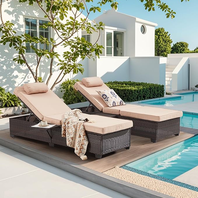 Outdoor Lounge Chairs, Pool Lounge Chairs Set of 2, Outdoor Chaise Lounge with Adjustable Backrest & Cup Holder,Khaki Cushiom