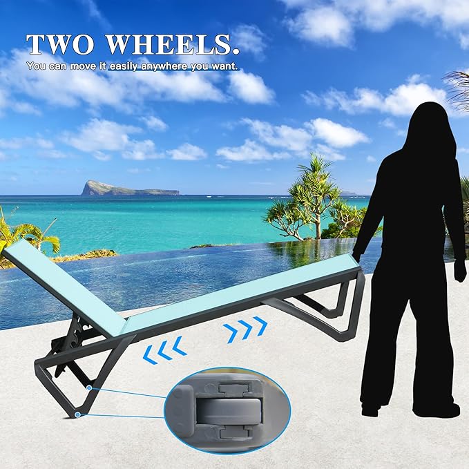 Domi Pool Lounge Chairs Set of 2, Aluminum Adjustable Outdoor Chaise Lounge with Wheels, All Weather Poolside Chairs for Deck Lawn Patio Backyard, Textilene - Turquoise Blue