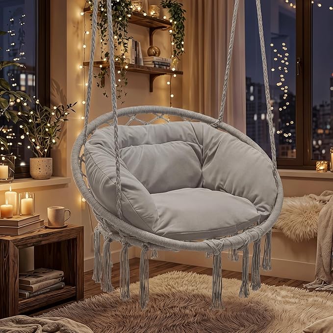 Magshion Hanging Hammock Chair with Comfortable Full Cushion, Macrame Indoor and Outdoor Swing Chair, 350 Lbs Capacity, Accent Hanging Swing with Boho Tassels for Living Room, Bedroom and Porch (Gray)