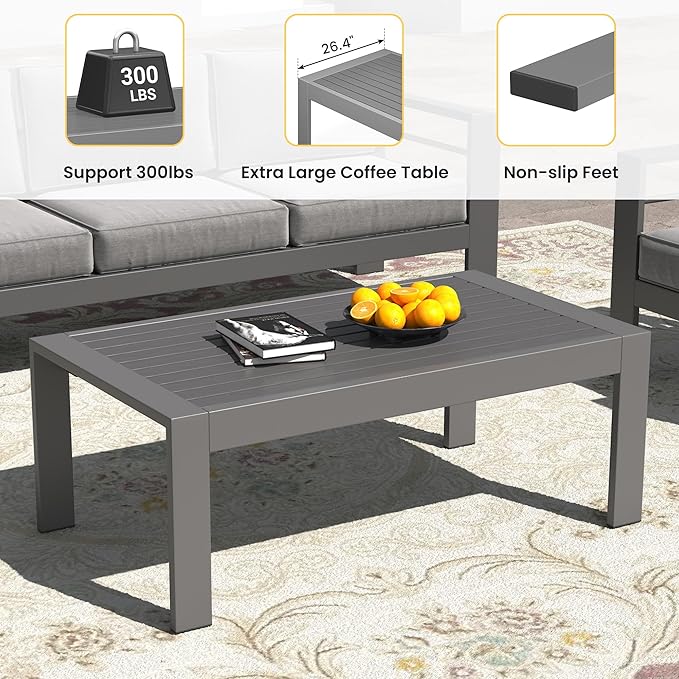 Wisteria Lane Outdoor Furniture Patio Coffee Table, Rectangle Outdoor Coffee Table, All-Weather Patio Metal Coffee Table for Balcony, Garden, Deck, Backyard, Grey