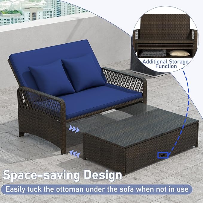 RELAX4LIFE Wicker Patio Outdoor Daybed - Rattan Sunbed Loveseat Sofa Set w/4-Level Adjustable Back, Cushions & Pillows, Storage Ottoman, 2-Person Bed Lounger for Backyard Porch, Patio Daybed (Navy)