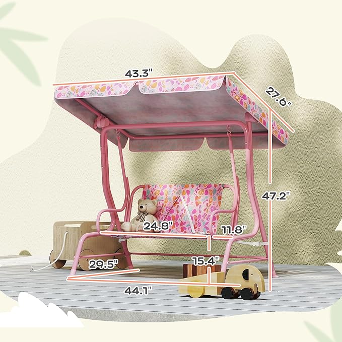 Qaba Kids Patio Swing, 2-Seater Outdoor Porch Swing Chair with Adjustable Canopy, Safety Belt, Pink Butterfly Pattern Hanging Swing Bench for Garden, Backyard, Pink