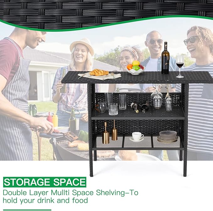 ECOTOUGE Black Wicker Bar Table, Outdoor Patio Console Table Serving Table, Mini Outdoor Bar Patio Counter with Steel Shelves & Hanging Wine Glasses, Ideal for Garden, Backyard