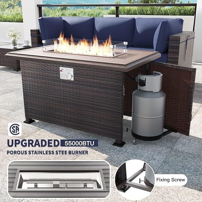 Kullavik 8 Pieces Outdoor Patio Furniture Set with 43" 55000BTU Gas Propane Fire Pit Table PE Wicker Rattan Sectional Sofa Patio Conversation Sets,Navy Blue