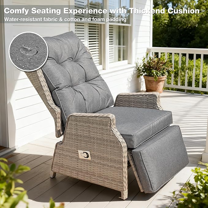 Outdoor Recliner with Adjustable Back and Footrest, Patio 150° Lay Flat Recliner with Flip Table Wicker Reclining Lounge Chair, Grey with Beige Wicker 2PCS