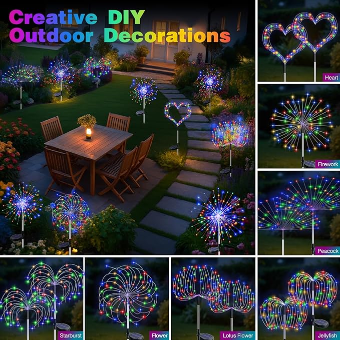 btfarm 1 Pack Solar Garden Lights Outdoor, 8 Modes Firework Lights Solar Powered, Waterproof Twinkle Fairy Light Outside for Yard Patio Pathway Pool Christmas Party Decorative, Multicolor