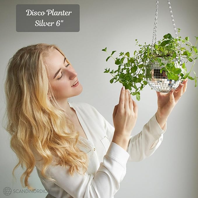 SCANDINORDICA Disco Ball Planter – Value Package: Mirror Disco Planter with Chain, Macrame Hanger and Acrylic Stand for Desk, Includes Self Watering Insert, Disco Ball Decor | 6 inch Silver