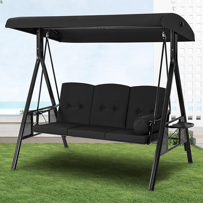 U-MAX 3-Seat Porch Swing Chair Steel Frame, Patio Swing Chair with Stand and Removable Cushions, Outdoor Canopy Swing Chair for Outside, Backyard, Garden, Black Cushion