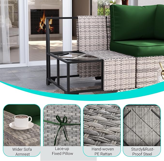 9-Piece Outdoor Patio Furniture Set with 55,000 BTU Fire Pit Table, PE Wicker Rattan Sectional Sofa Patio Conversation Set with Ottomans & Coffee Table, Green