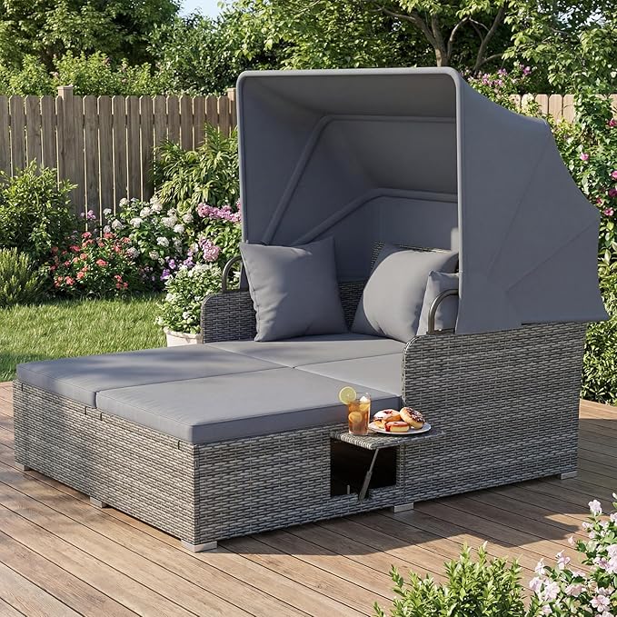 RELAX4LIFE Patio Outdoor Daybed with Canopy, Wicker Rattan Sunbed w/Cushions, 4 Pillows & 2 Retractable Side Trays, 2-Person Lounge Bed Conversation for Poolside Porch Garden (Gray-Grey)
