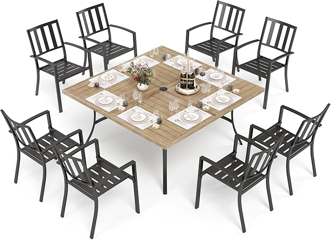 PHI VILLA 9 Pieces Outdoor Dining Set for 8, 60” Brown Wood-Like Square Metal Steel Table with Umbrella Hole & Stackable Wrought Iron Chairs, Large Outside Furniture for Patio, Deck, Yard, Porch