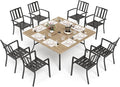 PHI VILLA 9 Pieces Outdoor Dining Set for 8, 60” Brown Wood-Like Square Metal Steel Table with Umbrella Hole & Stackable Wrought Iron Chairs, Large Outside Furniture for Patio, Deck, Yard, Porch