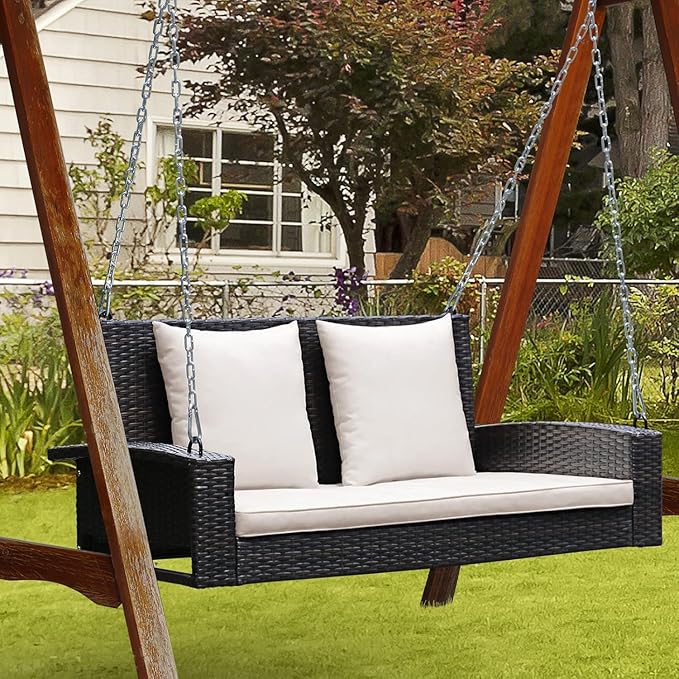 RELAX4LIFE 2-Seat Rattan Porch Swing, Wicker Outdoor Swings w/7.9 Ft Solid Metal Chain, Back & Seat Cushions for Garden Backyard, 800LBS Max Load, 2-Person Patio Swing, Beige & Black Cushion Covers