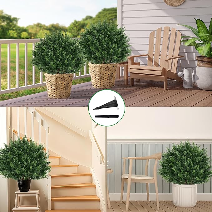 Artificial Cypress Topiary Tree with Ground Spike, Set of 4 Artificial Shrub Bushes, Fake Evergreen Tree for Porch, Artificial Plants for Outdoor Planters Indoor UV Resistant