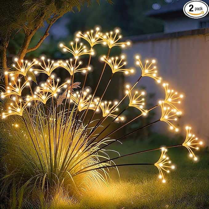 JJGoo Solar Garden Lights, New Upgraded 2 Pack Solar Swaying Starburst Light, Waterproof Fireworks Outdoor Lights, Yard Patio Pathway Decoration, Warm White