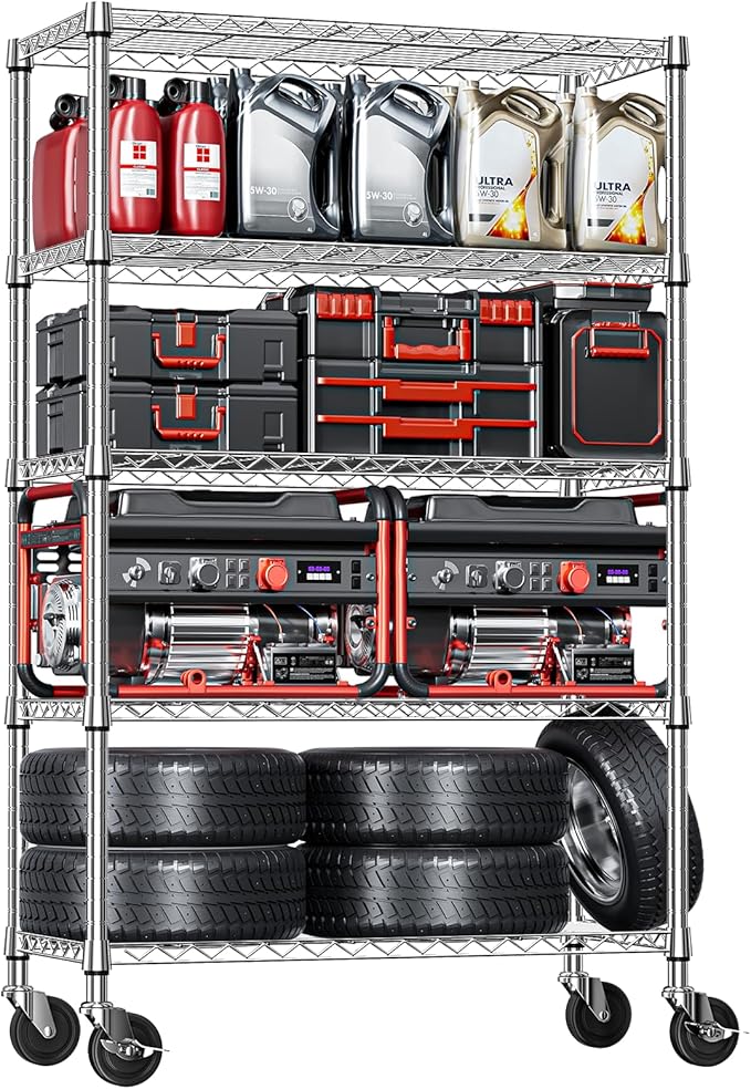 IZEUK 5-Tier Storage Shelving Unit with Wheels, Adjustable Heavy Duty Steel Wire Rack Organizer (Chrome, 17.7" D x 47.2" W x 76.7" H, 1750 lbs Capacity) for Garage, Kitchen, Pantry, Laundry, Basement