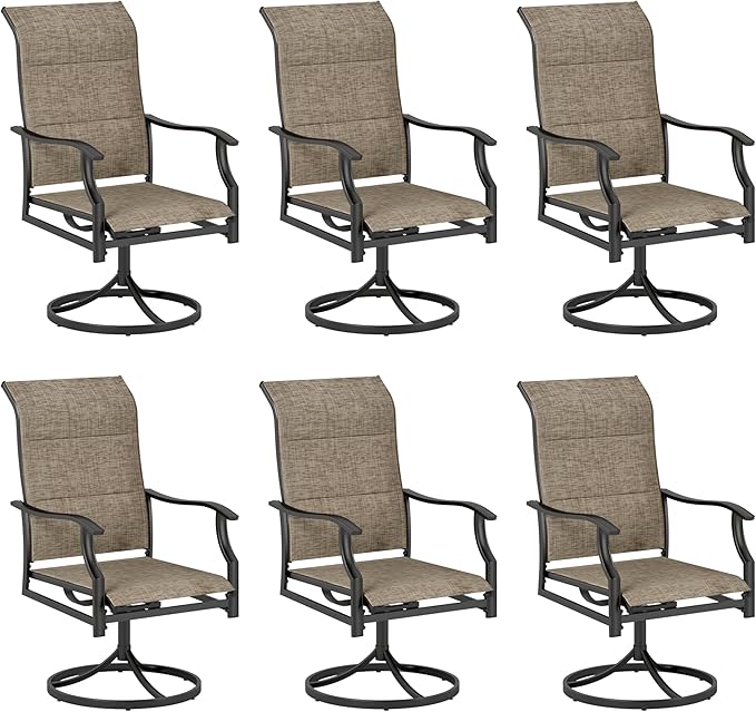 PHI VILLA Swivel Patio Chair Set of 6, 42" High Back Outdoor Chairs with Padded Fabric & E-Coating Frame, All Weather-Resistant for Deck Lawn Garden