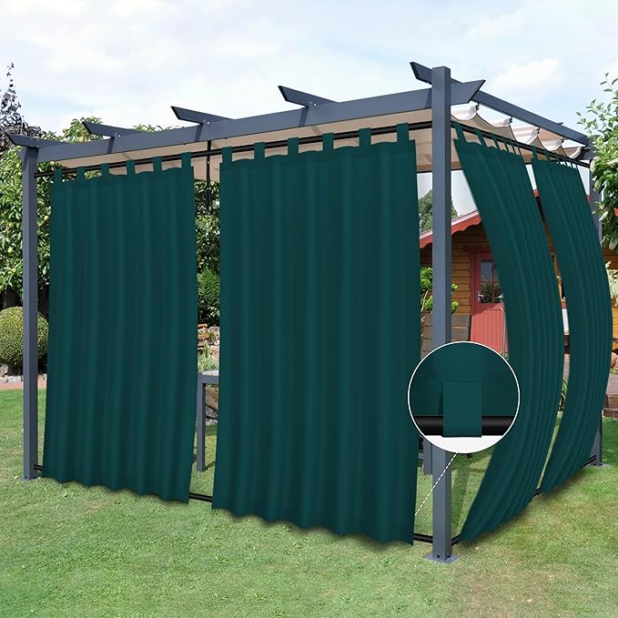 Easy-Going Outdoor Patio Curtains Detachable Tab Top Windproof Weatherproof Curtain for Cabana, Porch, Pergola and Gazebo, Tab Bottom Drape, 2 Panels, 54W x 84L inch, Teal